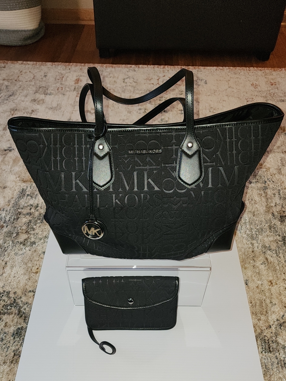 Michael Kors Black Monogram Tote with Wristlet Pouch. 14×13×5